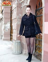 Sexy coed in black stockings exposing her panties, tight ass and boobs in public